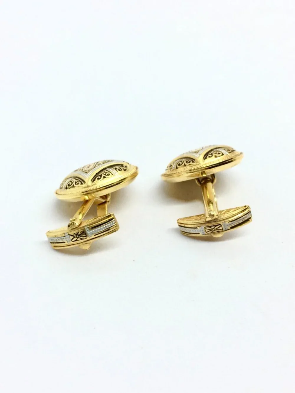 Vintage Gold and Black Shield Motif Cuff Links with Red Accent